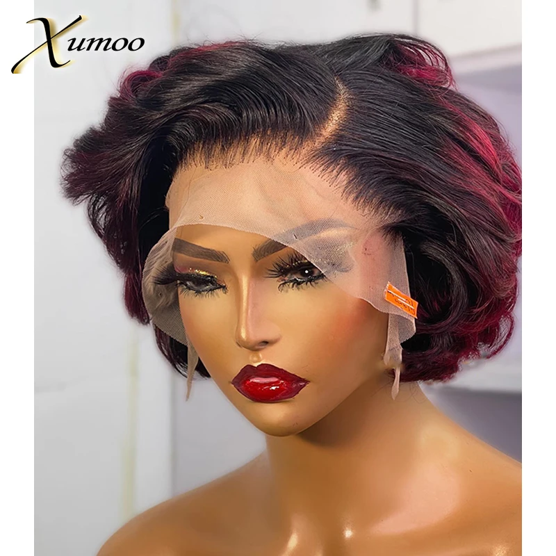 Body Wave Short Bob 99J Burgundy Ombre Colored Transparent 13x6 T Part Lace Human Hair Wig for Black Women Preplucked Brazilian