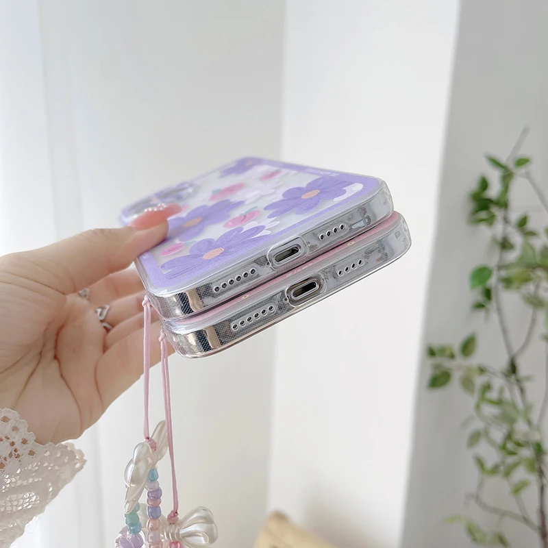 Luxury Cute Flower Lanyard Silicone Phone Case For iPhone 14 13 12 11 Pro XS Max XR X 8 7 Plus Ultra-thin Square Soft Back Cover