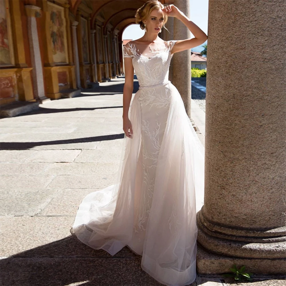 

2022 Sweep Train Wedding Dress Cap Sleeves Elegant Boat-Neck A-Line Lace Applique Tulle Bridal Gown Vestido De Novia Custom Made