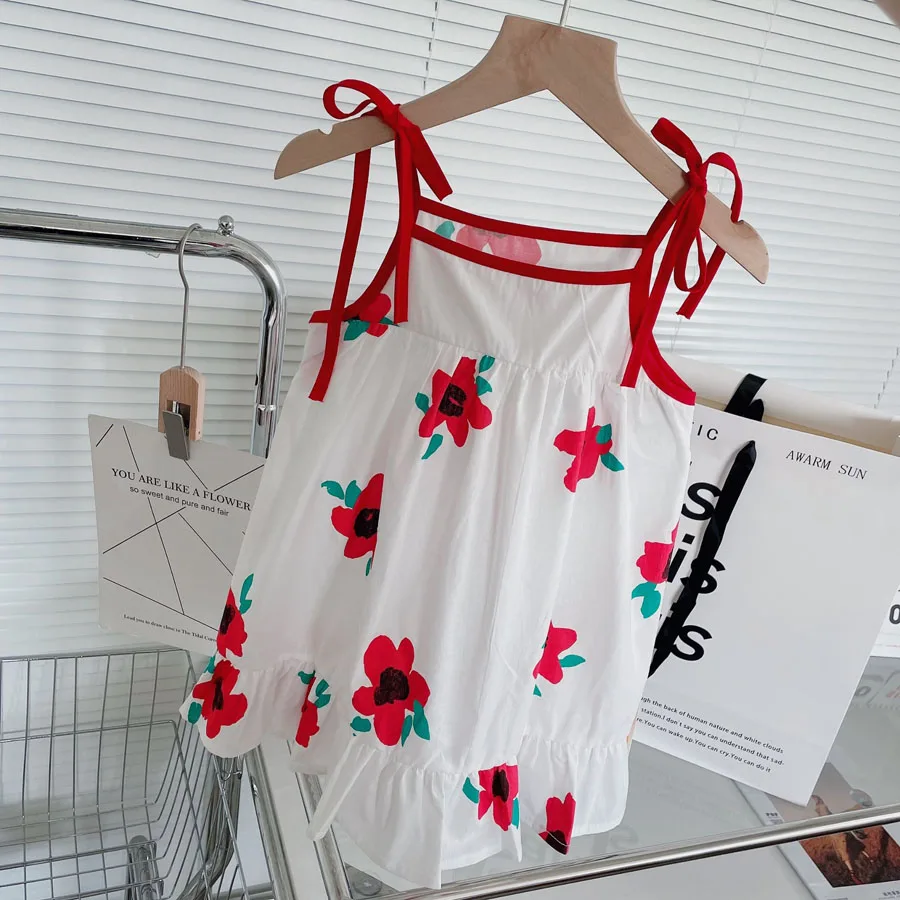 

Girls Sling Dress Kids Summer Clothing 2022 Korean Fashion Dress Flower Print Sleeveless Lace Up Spaghetti Strap Beach Holiday