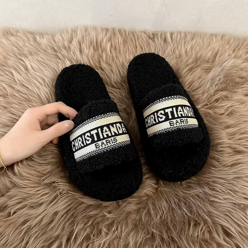

Зимние женские тапочки на плоской подошве модный дизайн Роскошные брендовые теплые сланцы с буквами домашние хлопковые тапочки