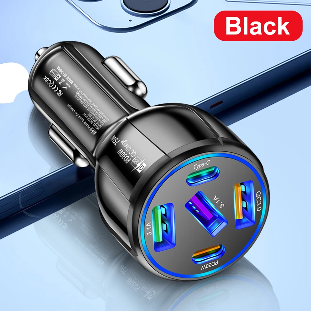 

1x White Universal Super Fast Car Charger 75W 3USB+2PD Port Universal Socket Adapter For Phone For Cars SUVs Trucks