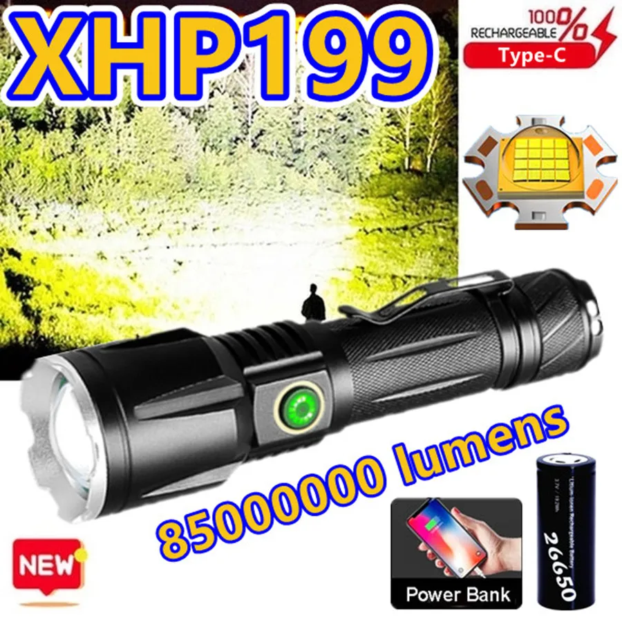 

Super Bright XHP199 High Power LED Flashlight USB Rechargeable Torch IPX6 Tactical Flash Light Powerful Hand Lantern For Camping