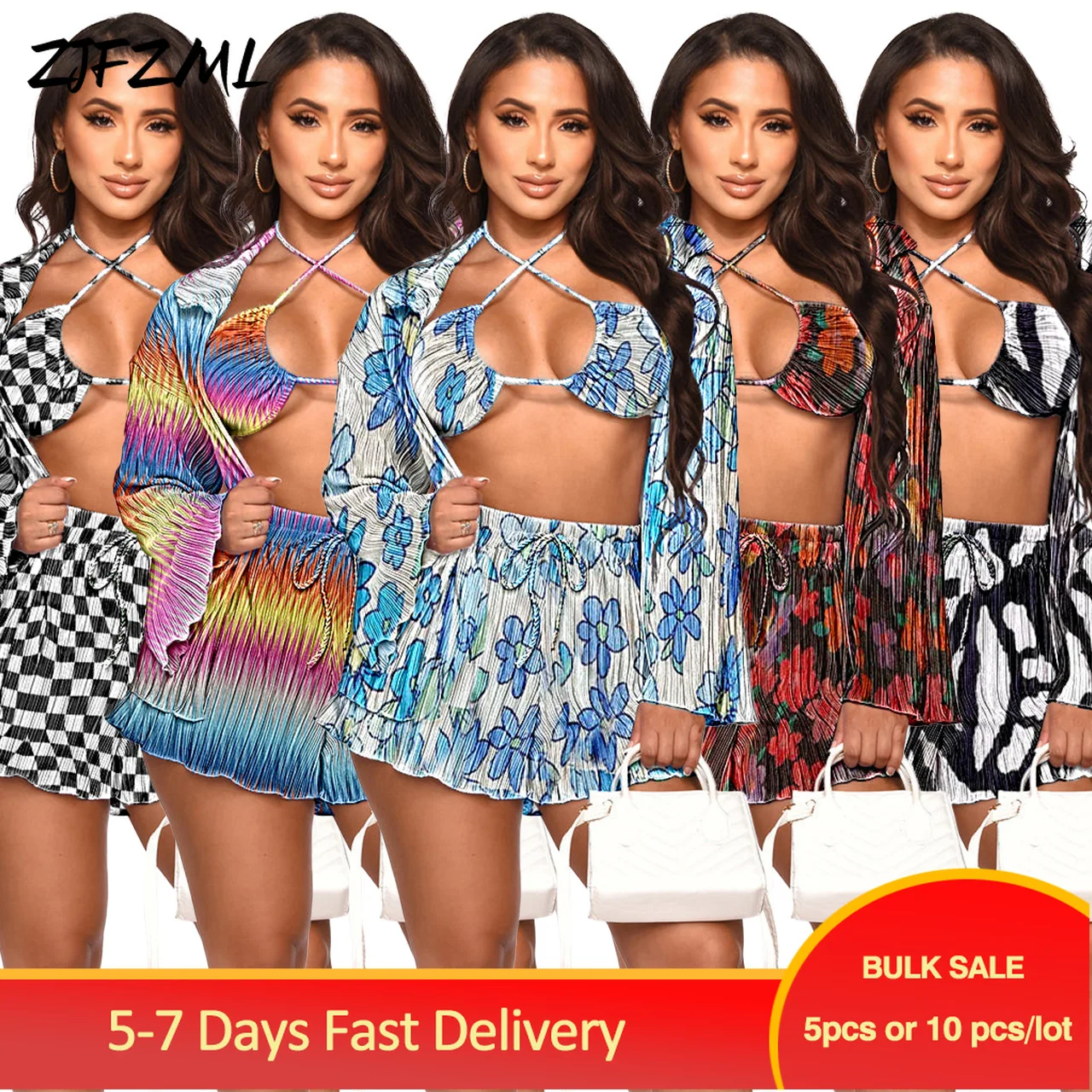 

Оптовая продажа товаров, уличная одежда, женские спортивные костюмы, плиссированный топ с бюстгальтером с принтом и рубашка с длинным рукав...