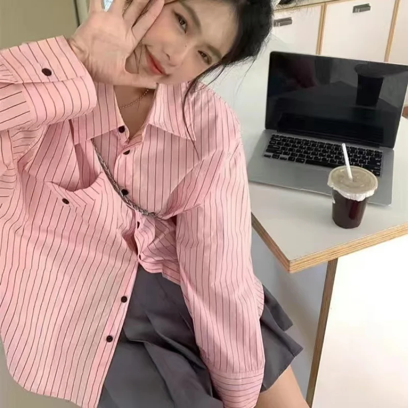 

QWEEK Pink Striped Vintage Elegant and Youth Woman Blouses Korean Style Oversized Shirt Long Sleeve Tops Female Harajuku Fashion