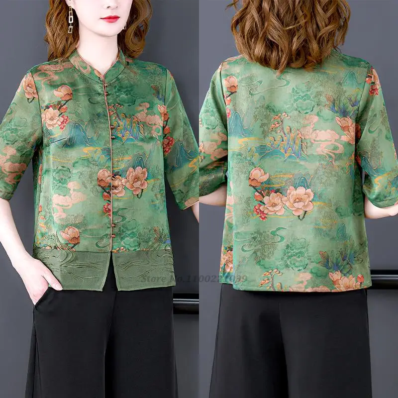 

2022 retro chiffon blouse female ethnic shirt chinese wind flower print tea service Tang Suit women cheongsam blouse hanfu shirt