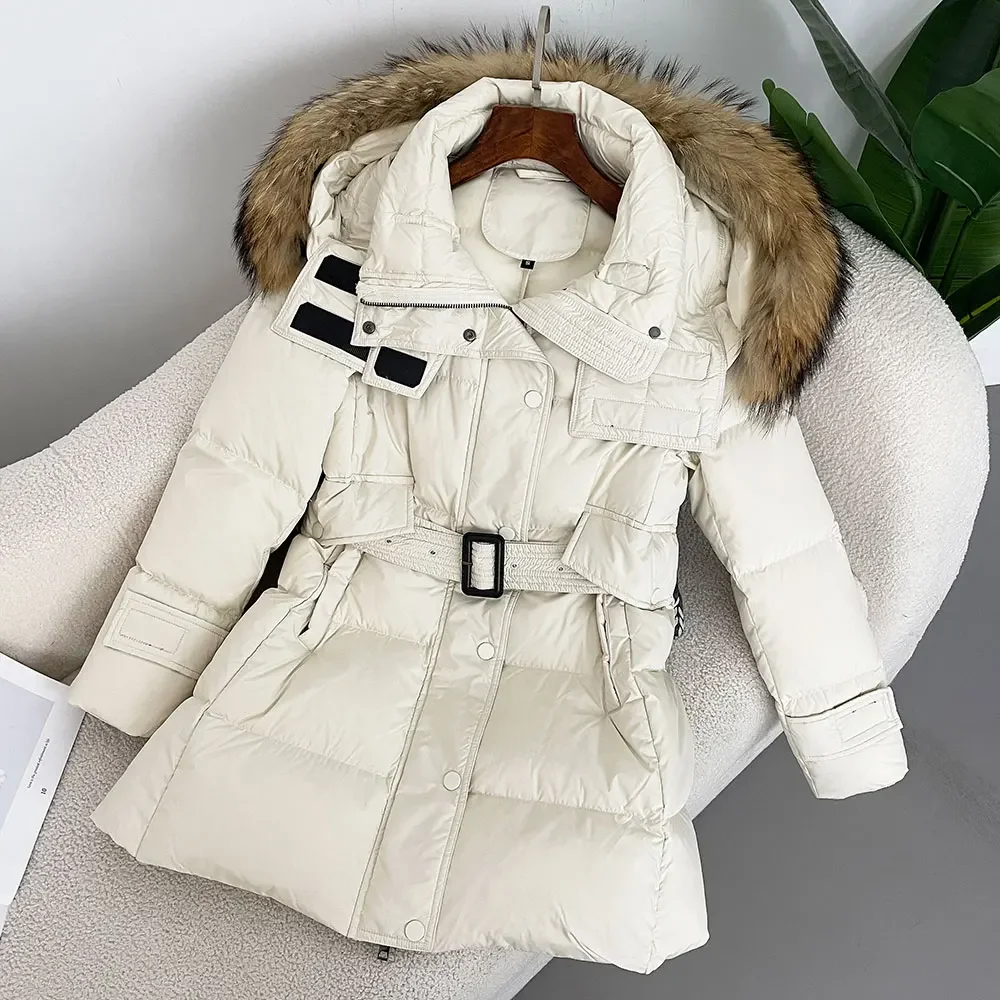 Женский длинный пуховик со съемным воротником теплая куртка на белом утином пуху