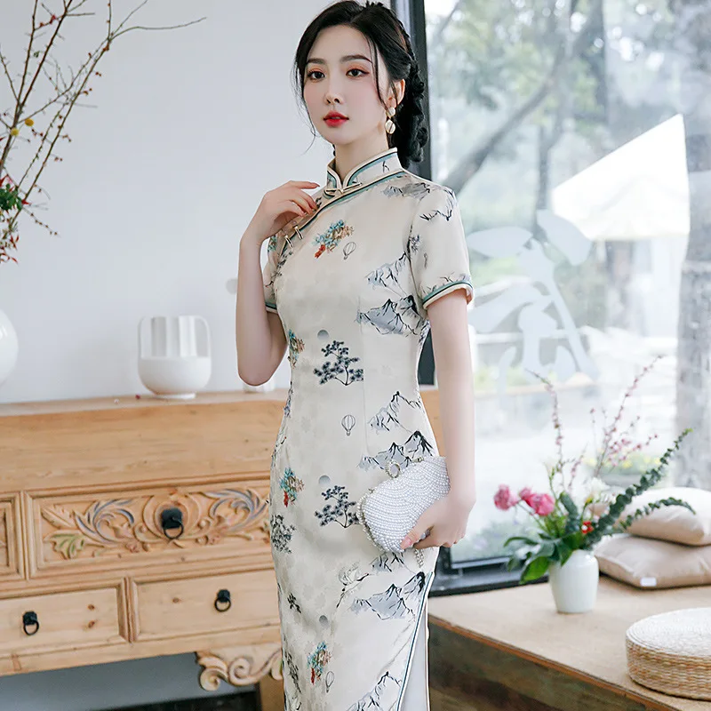 Vintage Floral Print Qipao Cheongsam Chinese Dress Women Traditional Short Sleeve Formal Party Dresses Big Size 3XL Vestidos