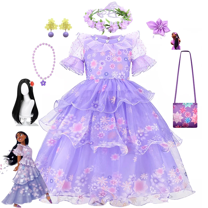 

Disney New Fancy Girls Encanto Isabela Madrigal Princess Dress Children Halloween Birthday Cosplay Costume Mesh Layered Dresses