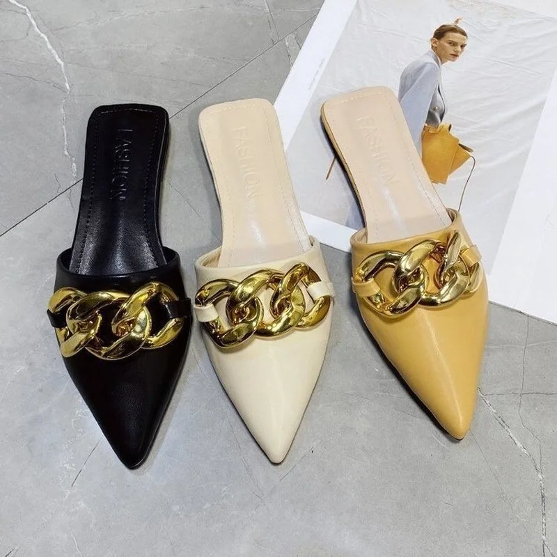 

Spring Women's Mules Shoes Pointed Toe Low Heel Women's Slippers Summer Metal Chain Female Sandals Woman Closed Toe Casual Shoes