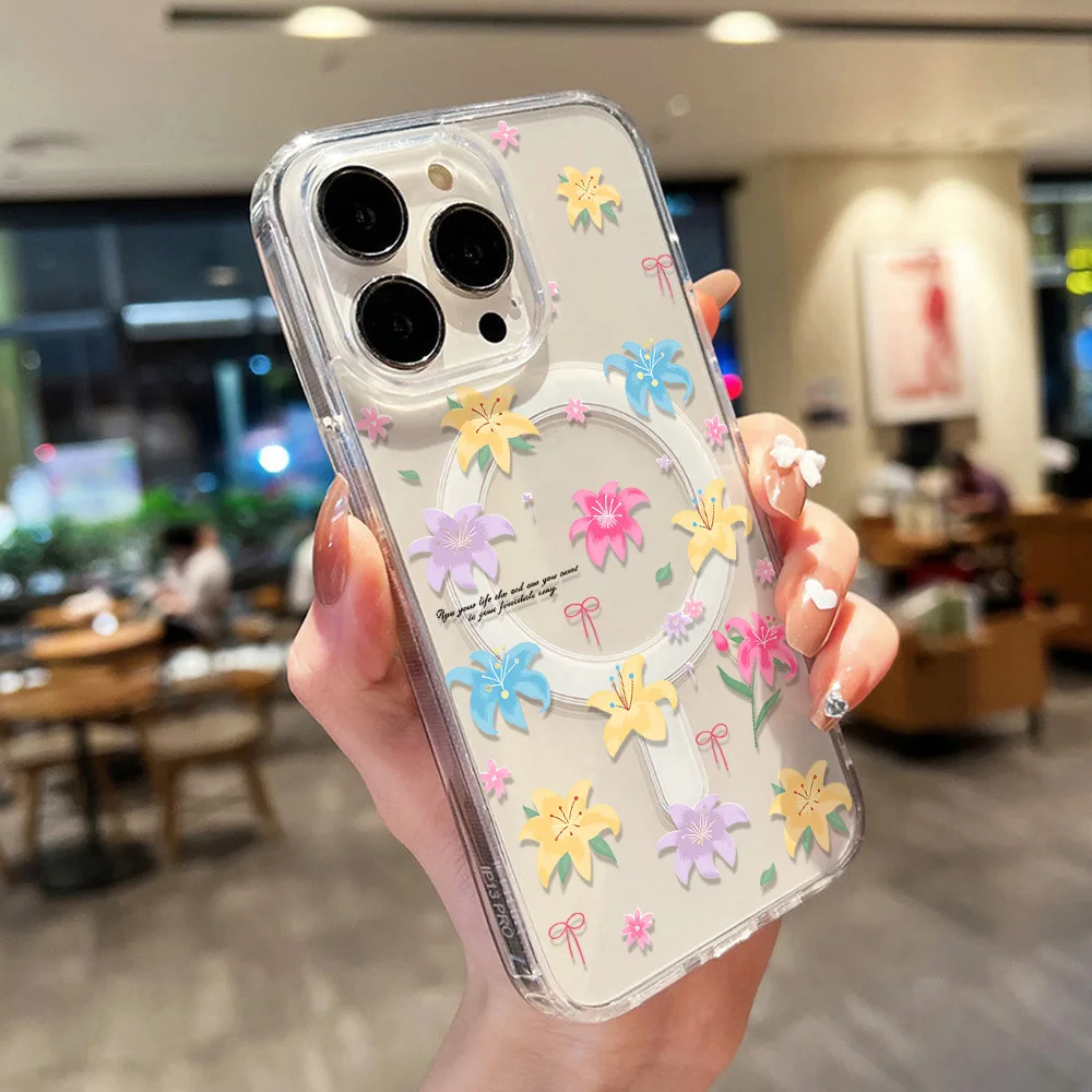 Фото Чехол-беспроводная зарядка Flower для iPhone 17 Pro Max, чехол-футляр для iPhone 16, 14, 13, 12, 11, 15 Pro Max, 17 Air, магнитный прозрачный чехол для телефона №3