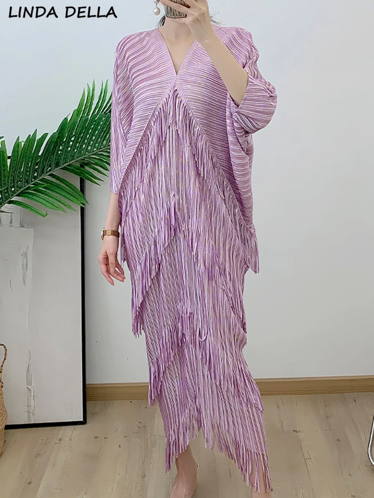 

Женское свободное платье миди LINDA DELLA, летнее дизайнерское платье с V-образным вырезом, рукавом 3/4 и кисточками, повседневное праздничное платье