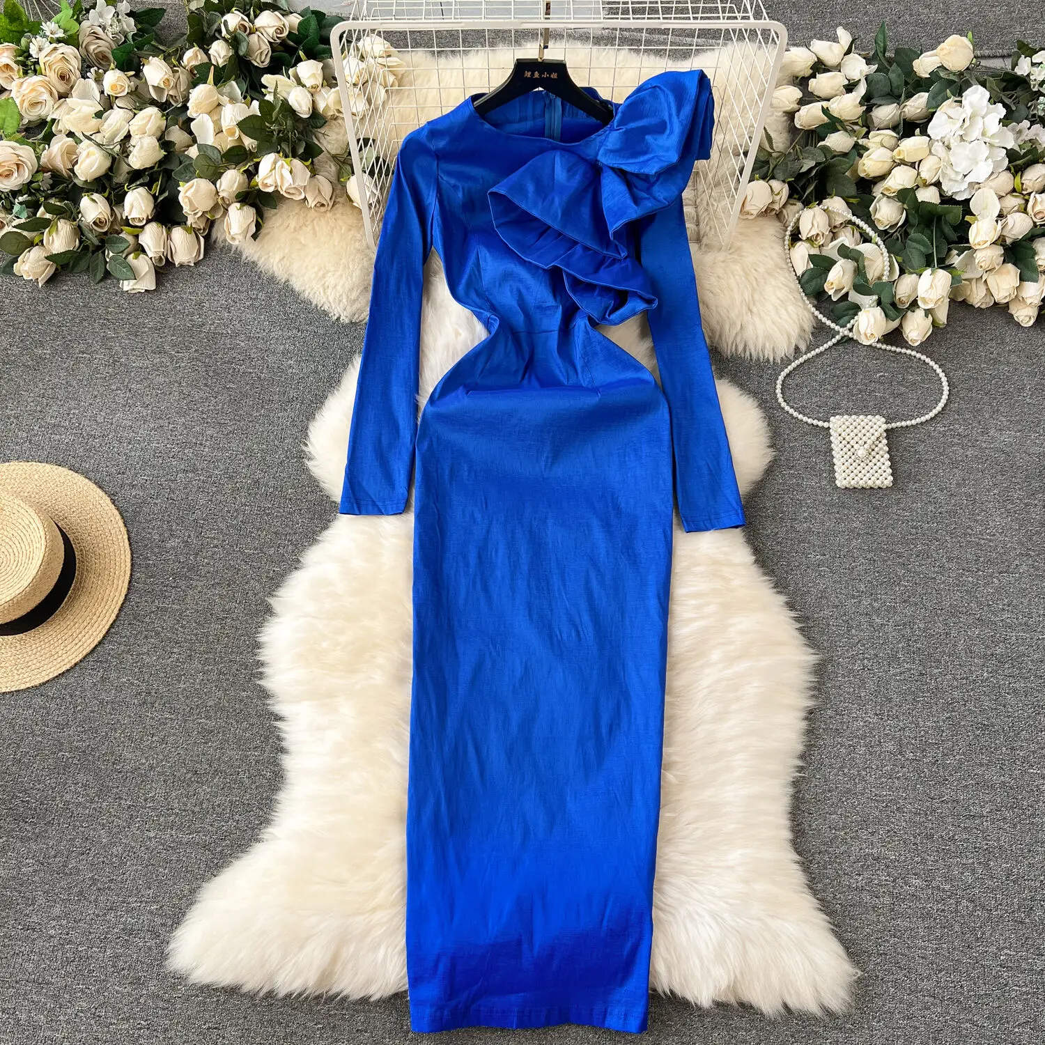 

European And American Style 3D Ruffle Edge Evening Dress Women High Quality Long Sleeve Blue Party Dress Ladies Slimming Dresses