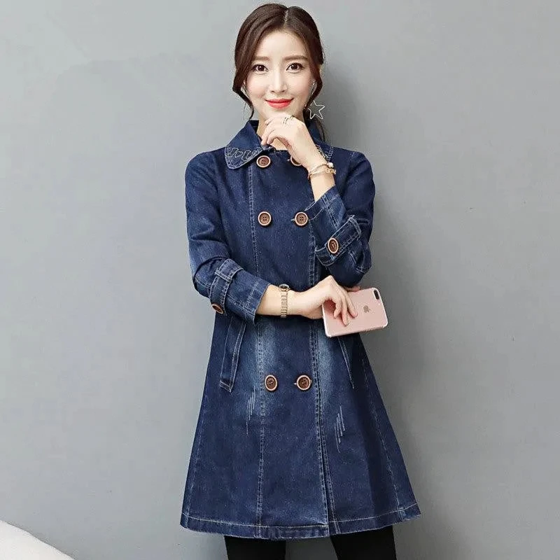 

Denim Jackets All-match Womens 2022 Spring Autumn New Fashion Plus Size Outerwear Double Breasted Long Lapel Jeans Jackets Women