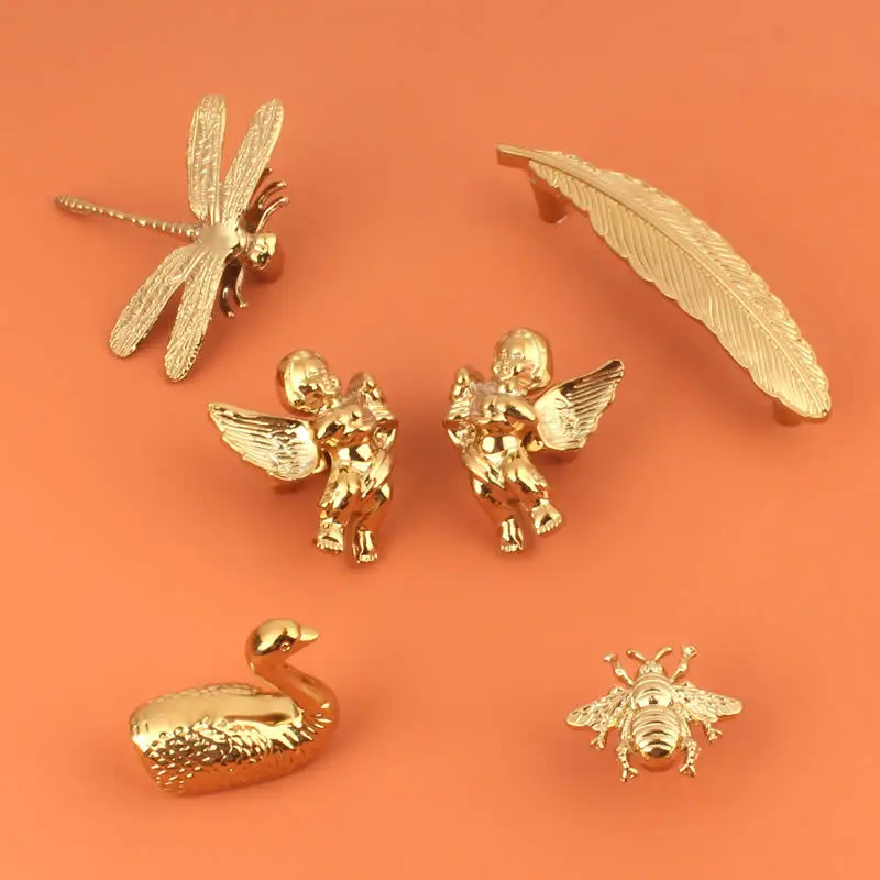 

Creative Handle Brass Luxury Drawer Swan Handle Nordic Wardrobe Personality Golden Feather Angel Handle Cabinet Pulls Furniture
