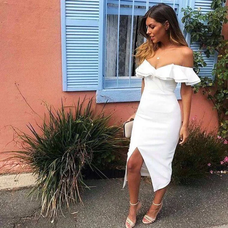 

European and American Internet Hot Split Slimming Midi Dress Pure Color Ruffles Chest Wrap Formal Dress