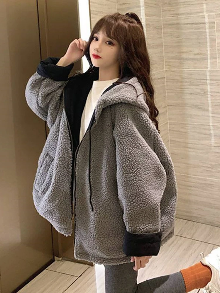 Autumn Winter Jacket Women Oversized Parkas Hooded Thick Warm Coat Soft Kawaii Jackets Double Sided Outerwear Long Sleeve Tops