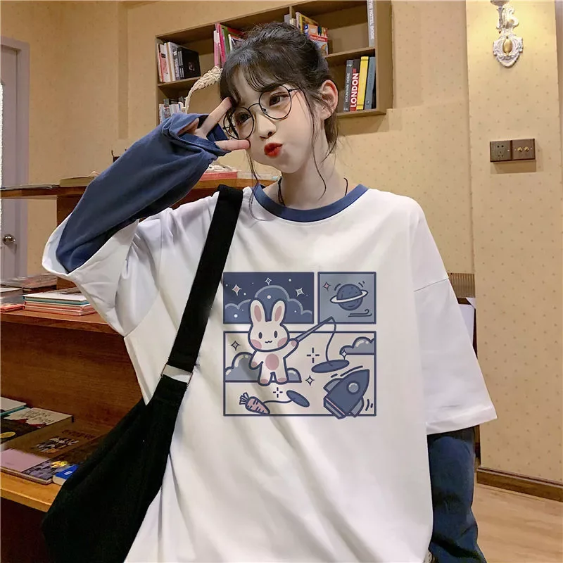 

Fake two-piece t-shirt women autumn new Harajuku style ins student wild sweet and loose Korean long-sleeved kawaii female tshirt