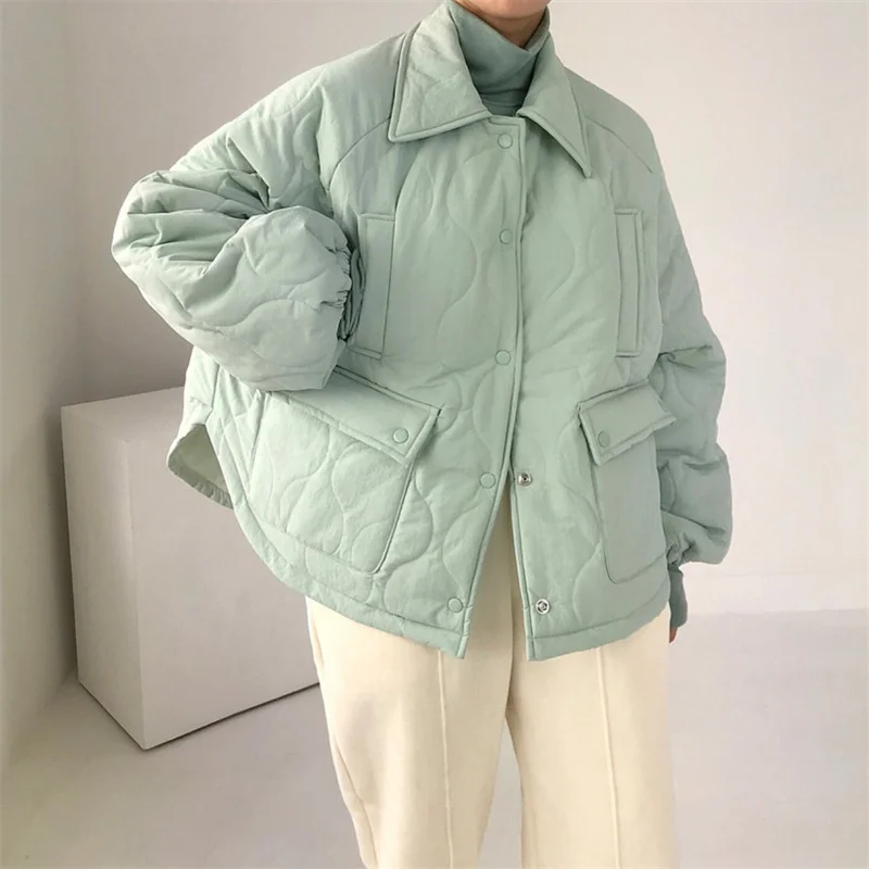 

Korean Candy Color Lapel Lantern Sleeve Cotton-clothes Coat Autumn Winter Women Casual Loose Irregular Hem Cotton Parkas Outwear