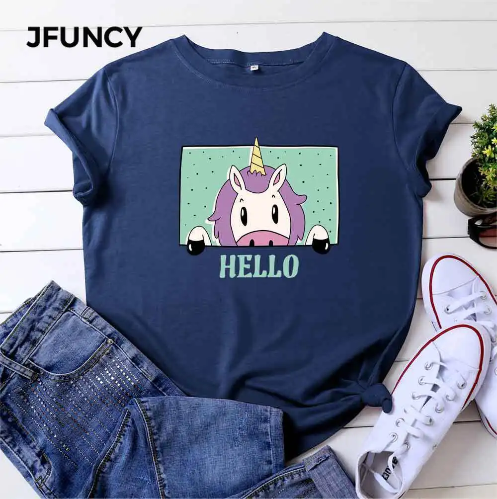 

JFUNCY Summer Cotton T-shirts Women Loose Tops Loose Woman Tees Unicorn Print Lady Tshirt Short Sleeve Female T Shirt