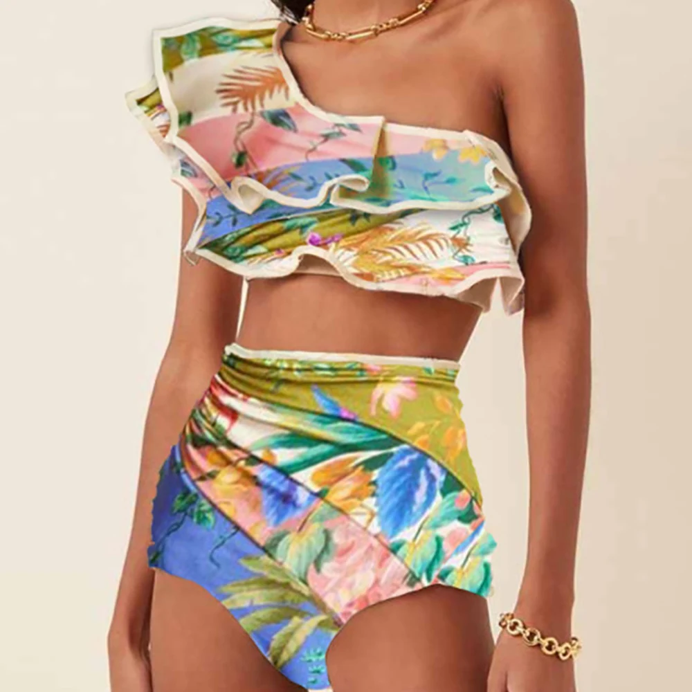 

Swimwear For Girls Women's Bandage Swimsuit One-Shoulder Ruffled Colorblock Print Sexy Bikini Biquini Naranja 2023 Luxury