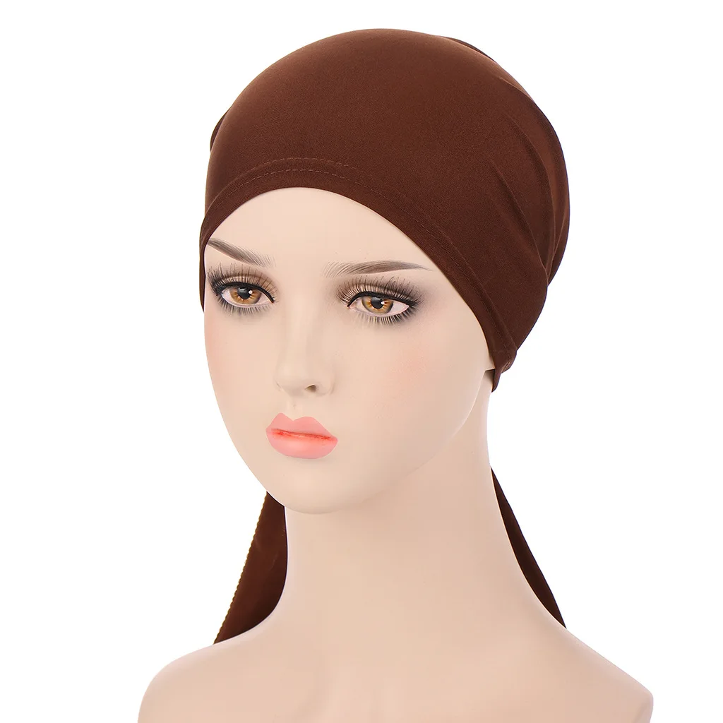 

New Elastic Cotton Solid Color Wrap Head Scarf Hats Muslim Turban Bonnet For Women Inner Hijab Hat Female Turbantes Caps bufanda