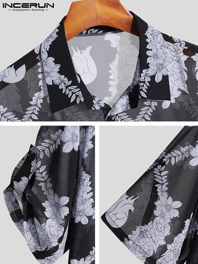 INCERUN Tops 2022 Sexy Men Printed Sheer Short Sleeve Long Shirts Casual Streetwear All-match Male Fancy Thin Lapel Blouse S-5XL