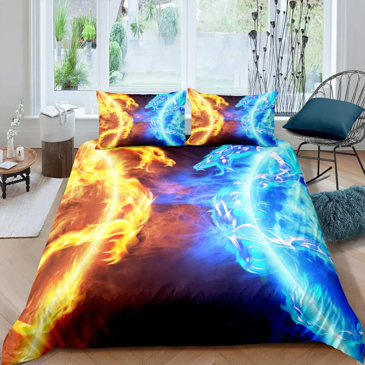 

Ice Fire Dragon Duvet Cover Set for Boys Oriental Beast Bedding Set Eastern Auspicious Animals Fairy Tale Comforter Cover 2/3pcs