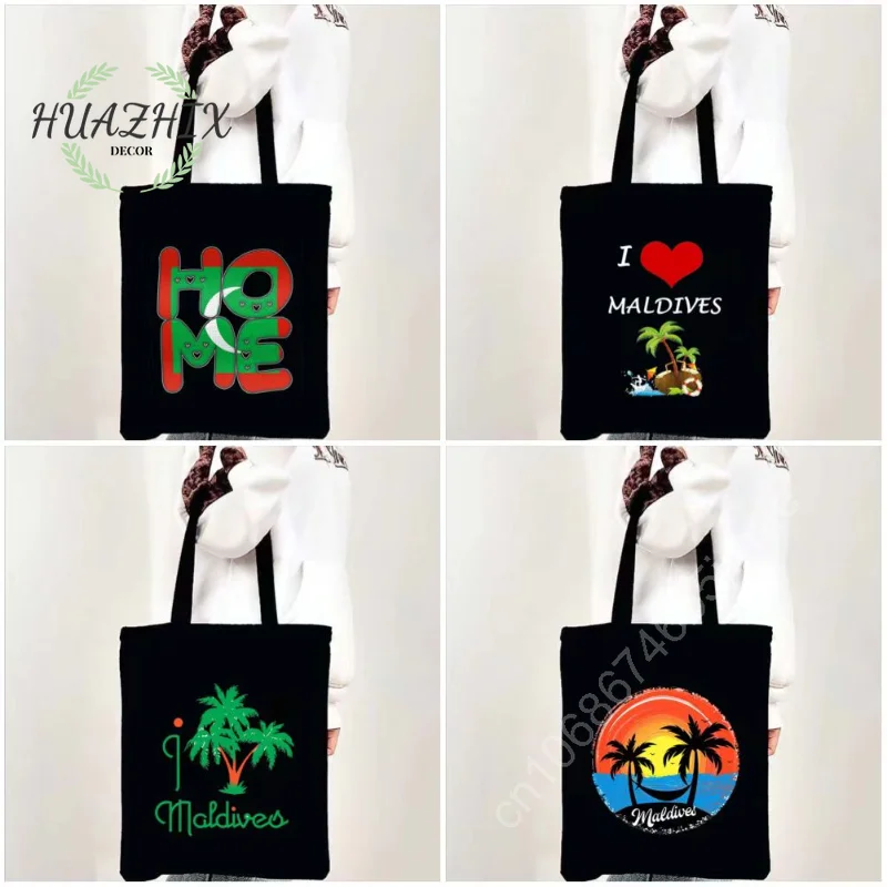 

Vintage Summer Beach Shoulder Bags Holiday Maldives Flag Love for Women's Shopping Tote Bag Black Canvas Casual Eco Handbag