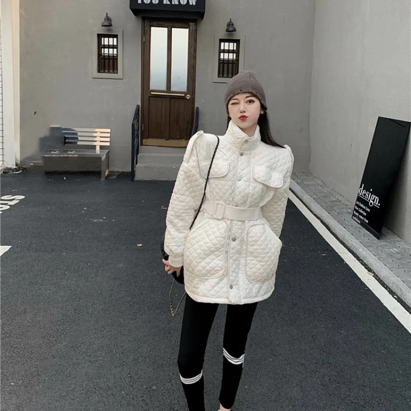 2022 Argyle Lapel Jacket Women Loose Parkas Coat Vintage Thin Waist Belted Autumn Winter Ladies Oversize Coat