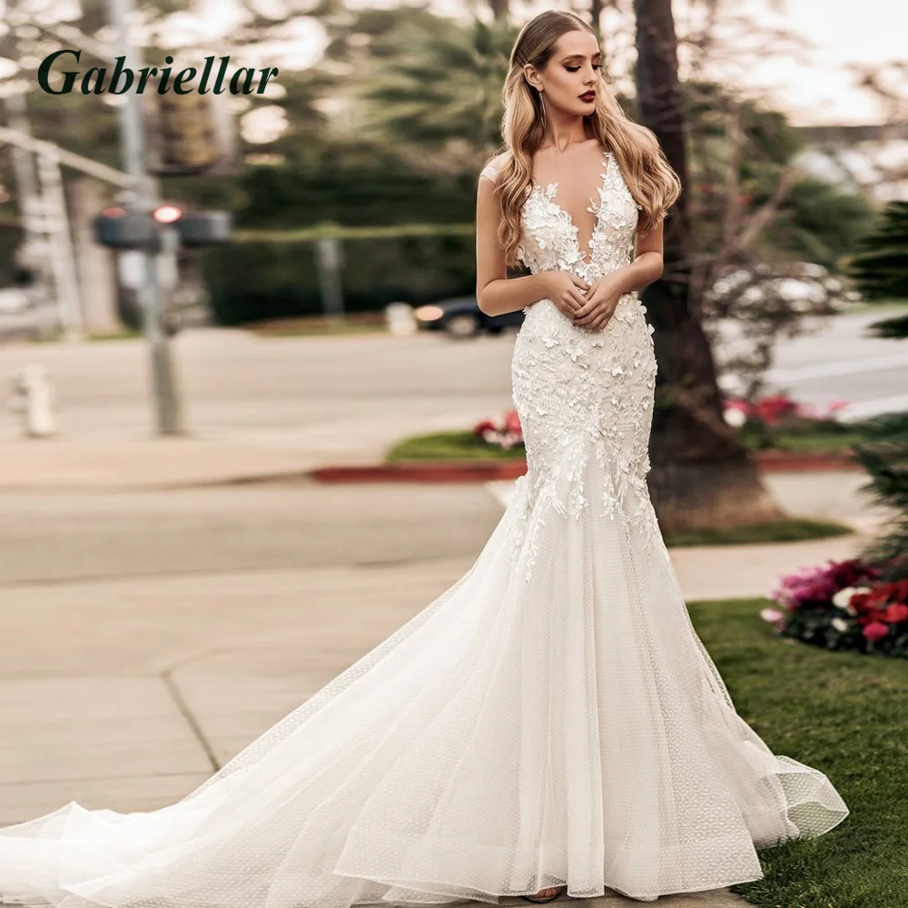 

Роскошное Свадебное платье с открытой спиной, Русалка, свадебное платье с 3D цветочной аппликацией и глубоким круглым декольте, Тюлевое платье в горошек, сделанное на заказ