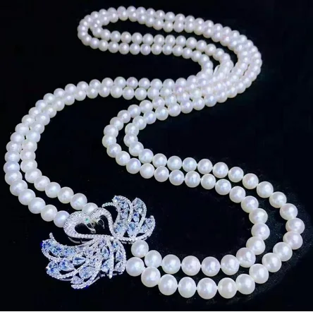 

Women's fashion jewelry micro inlaid zircon accessories 75-80cm 7-8mm white freshwater pearl necklace sweater chain