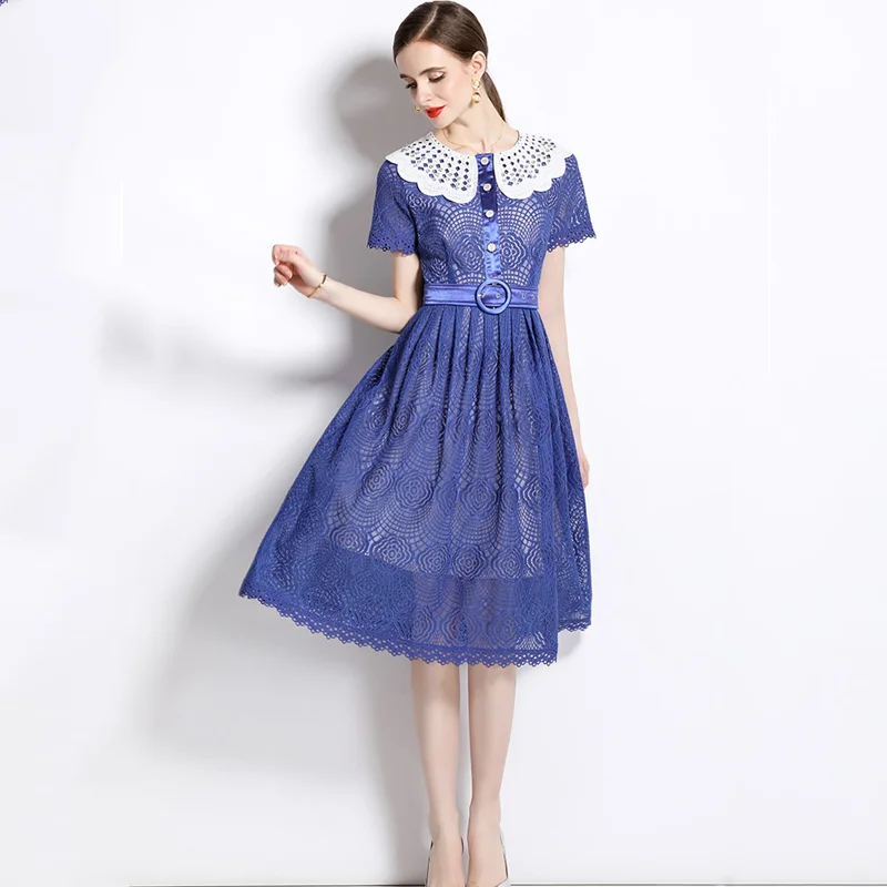 

Summer New Lace Patchwork Peter Pan Collar Dress High Waist Short Sleeve Office Lady Single Breasted Party Vestidos With Belt