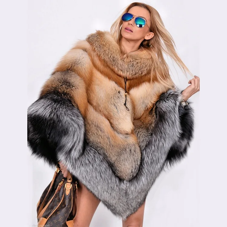 Winter Fox Fur New Color Coat Mid-length Red Fox Silver Fox Cloak Fur Jackets Warm Fur Coats for Women