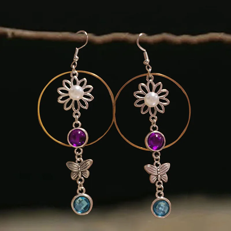 

New Vintage Butterfly Pearl Imitation Amethyst Earrings Women's Handmade Gold Round Tassel Earrings