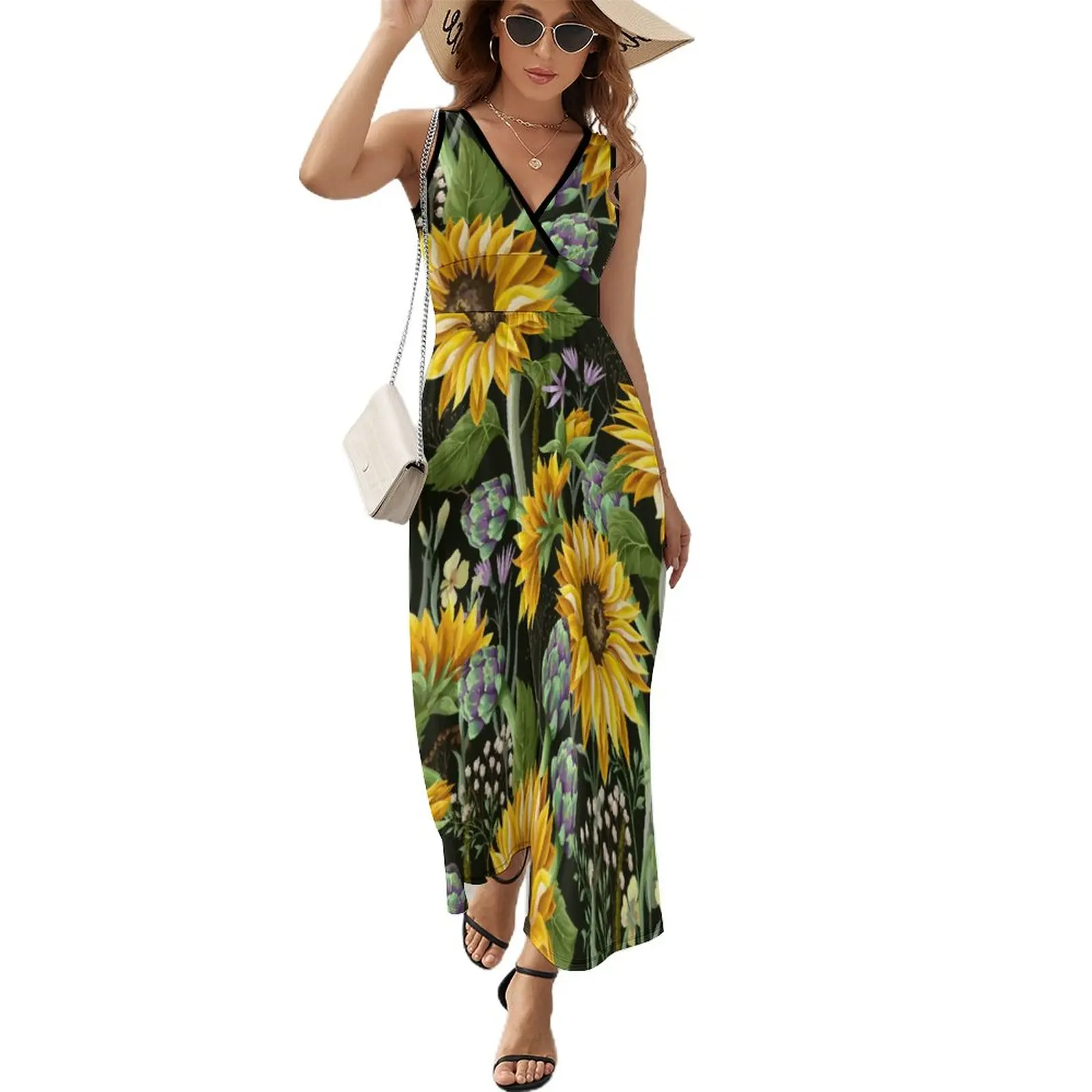 

Винтажное Макси-Платье с принтом подсолнухов и высокой талией