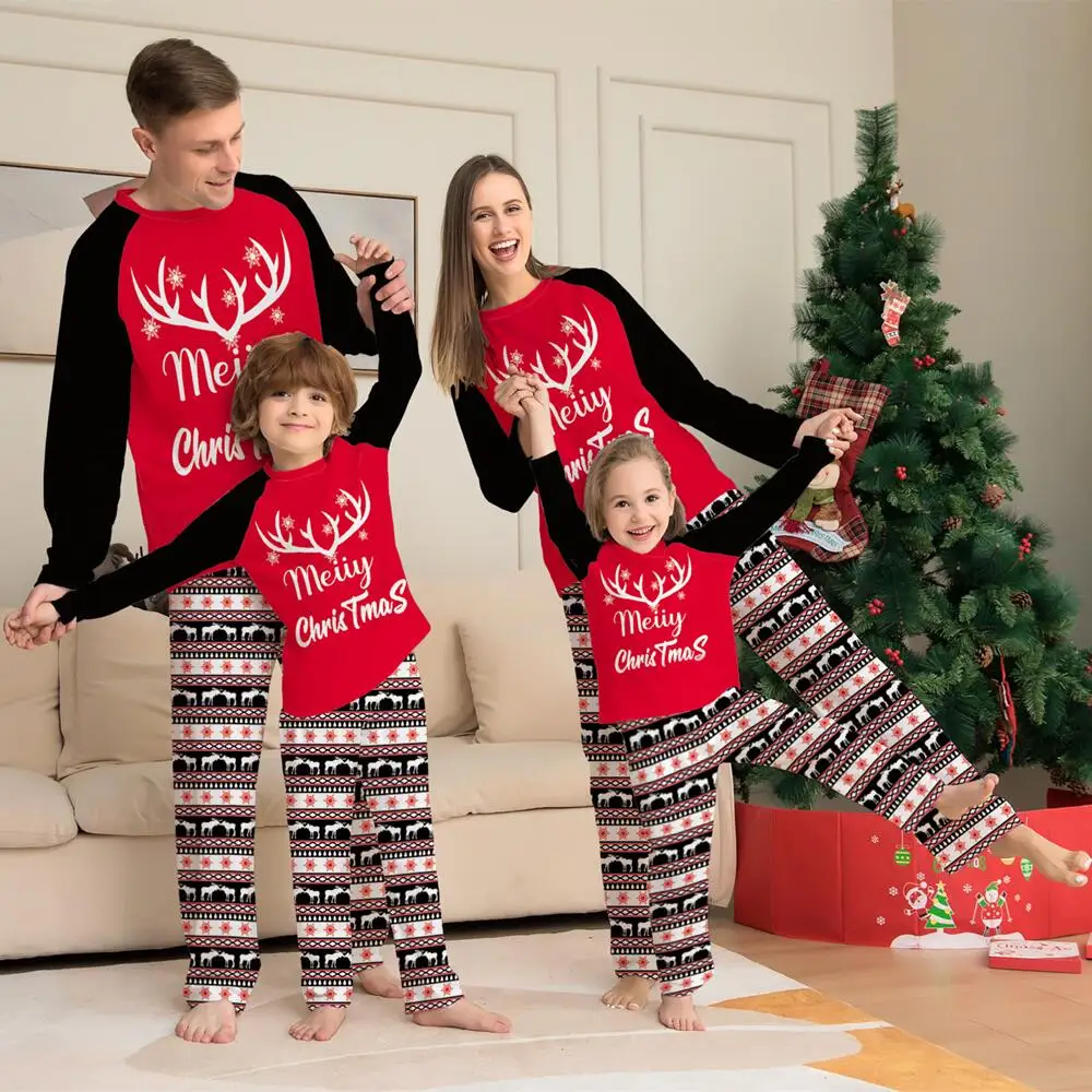 

Рождественские штаны с круглым вырезом и длинным рукавом, комплект для родителей и детей, домашняя одежда с принтом в виде оленя, рогов, букв и полосок, милый Пижамный костюм с героями мультфильмов