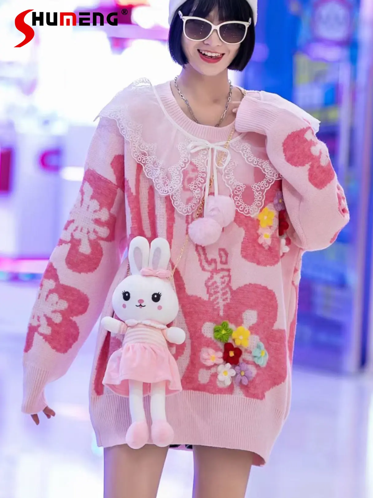 

Thai Fashion 2022 Autumn Winter New Fashion Sweet Cartoon Doll Knitted Top Women Fairy Peter Pan Collar Idle Style Loose Sweater