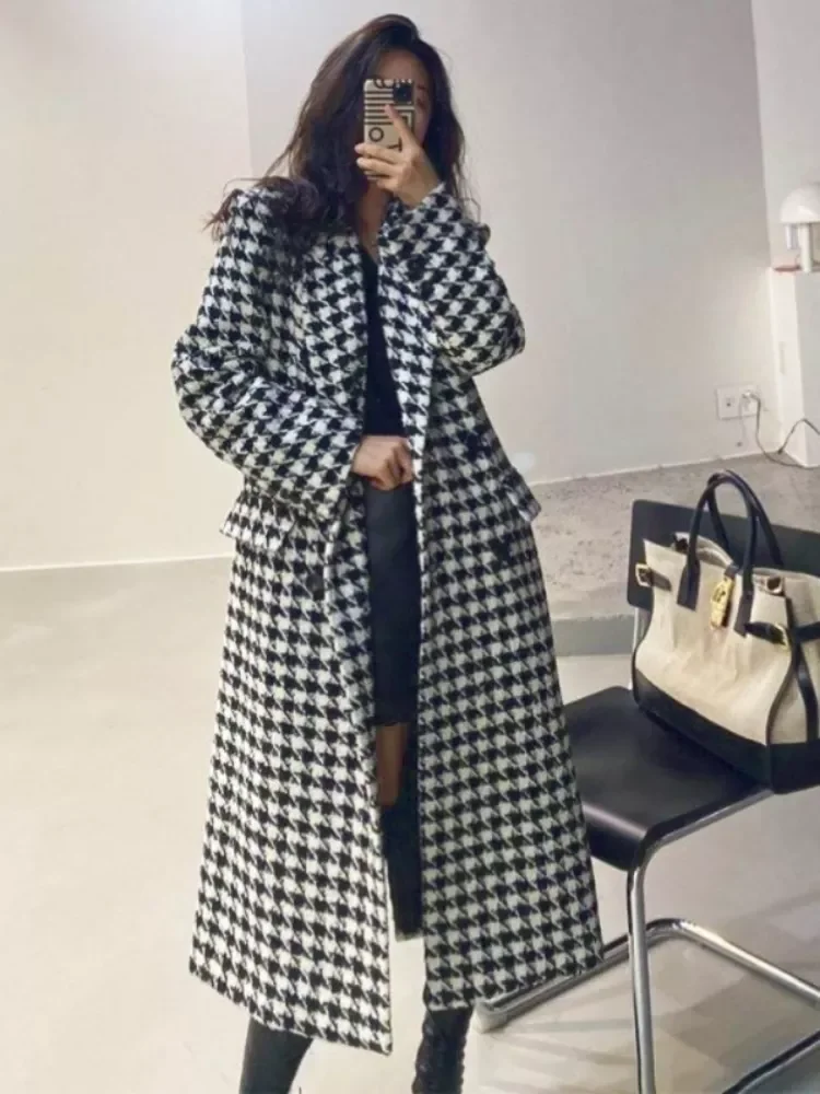 

2023New Long Plaid Woolen Coat Slim Houndstooth Jacket