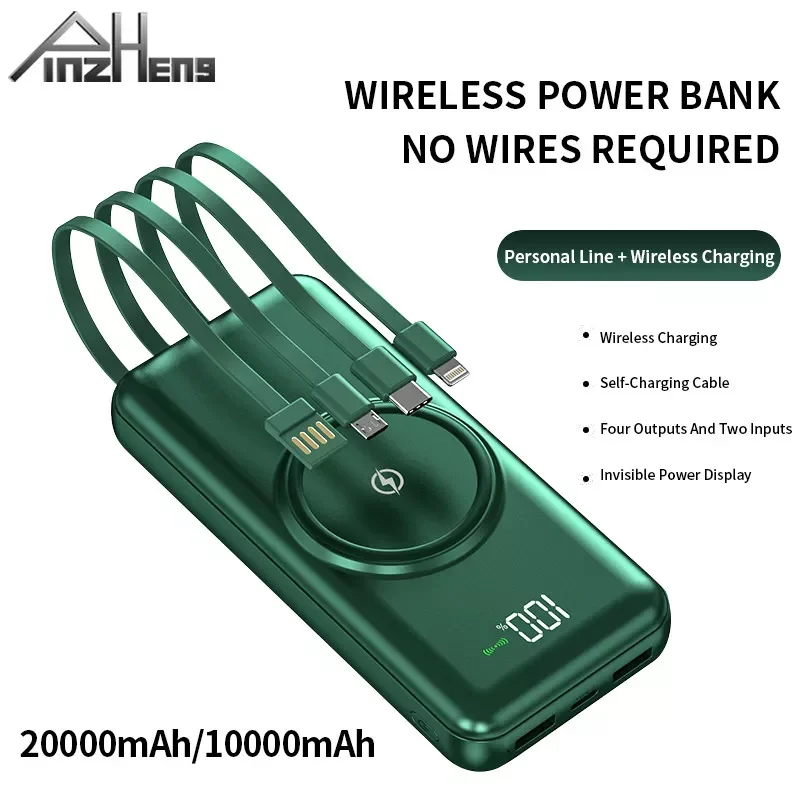 

PINZHENG 20000mAh Wireless Power Bank Built-in 4 Cables Powerbank Portable External Battery Charger For iPhone 13 Pro Max