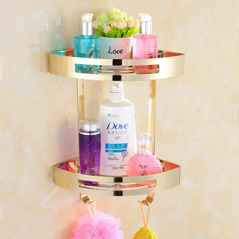 

Современная полированная Золотая угловая полка из нержавеющей стали для ванной, настенная полка, двухуровневые полки для ванной, органайзер для ванной комнаты
