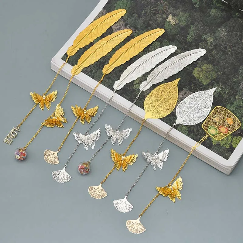 

Cretive Metal Feather Leaf Bookmarks Chinese Style Butterfly Pendant Pagination Mark School Students Reading Stationery Supplies