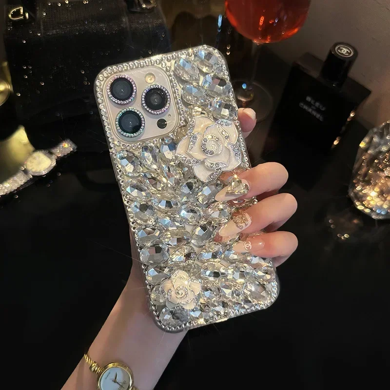 Чехол для телефона Iphone 15 Plus 13 Mini 14 Pro Max 11 12 Xs Xr 7 8 со стразами и цветком камелии