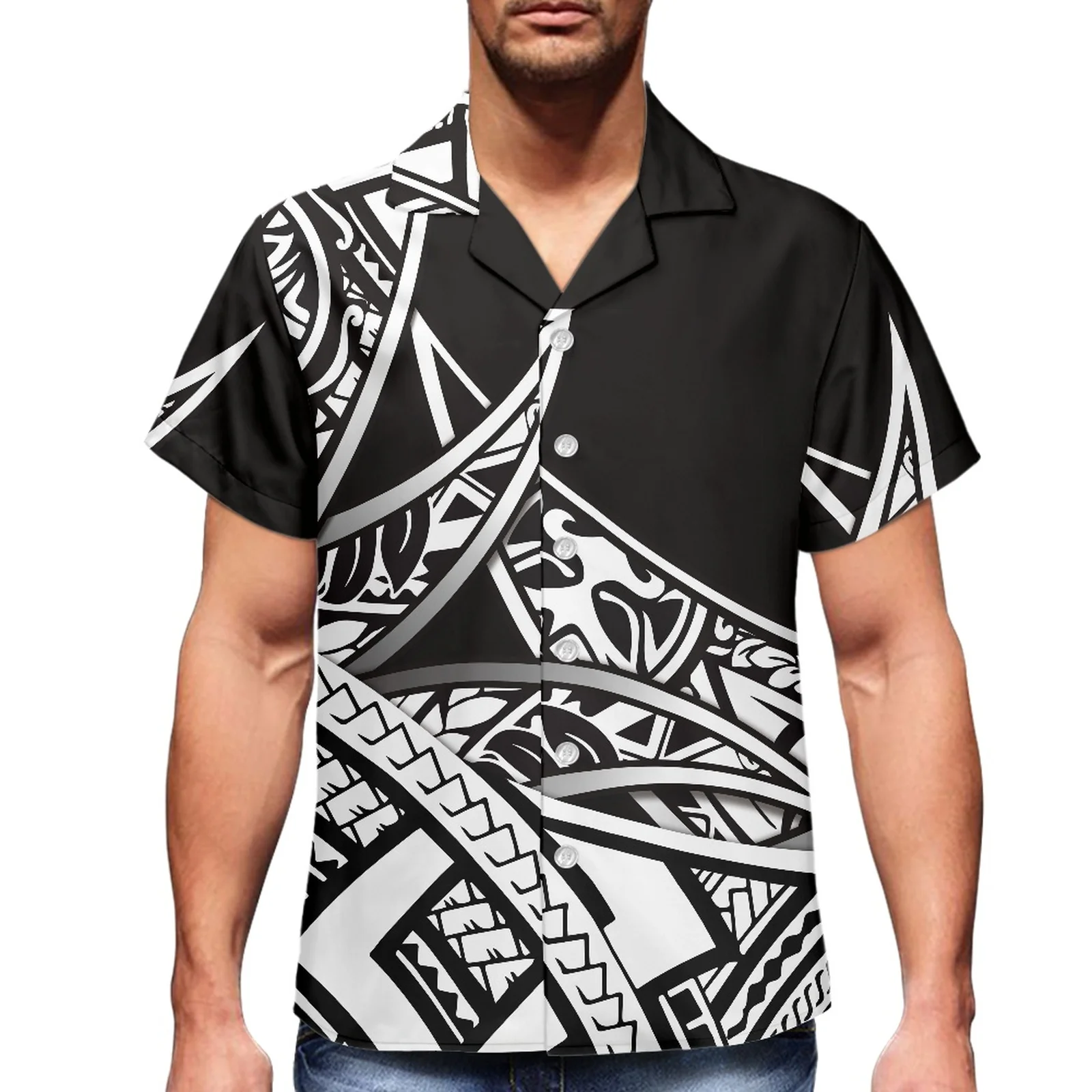 Tribal Tattoo Traditional Print Polynesian 2023 Summer Men's Luxury Hawaiian Sport Shirt Men's Shirt V-Neck Men's Short Sleeve