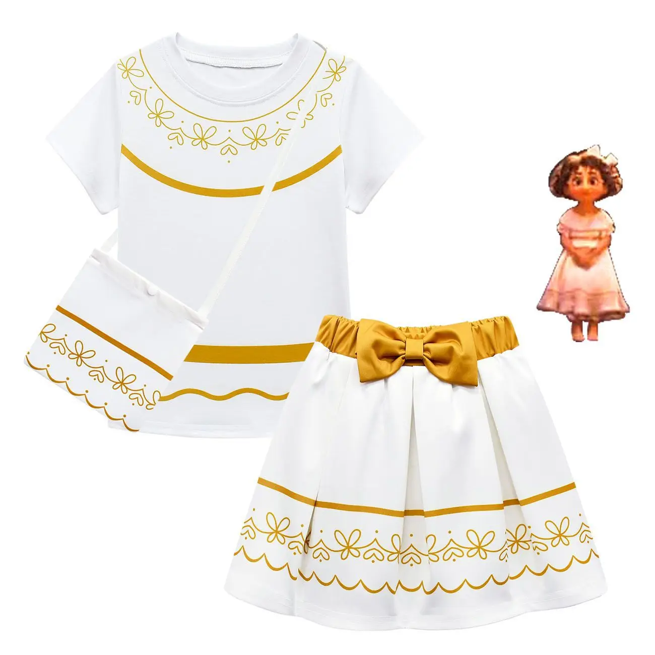 

2022 New Disney Summer Dress Encanto Girls Short Sleeves Cute Refreshing Casual Pleated Skirt Bags Three-piece Set