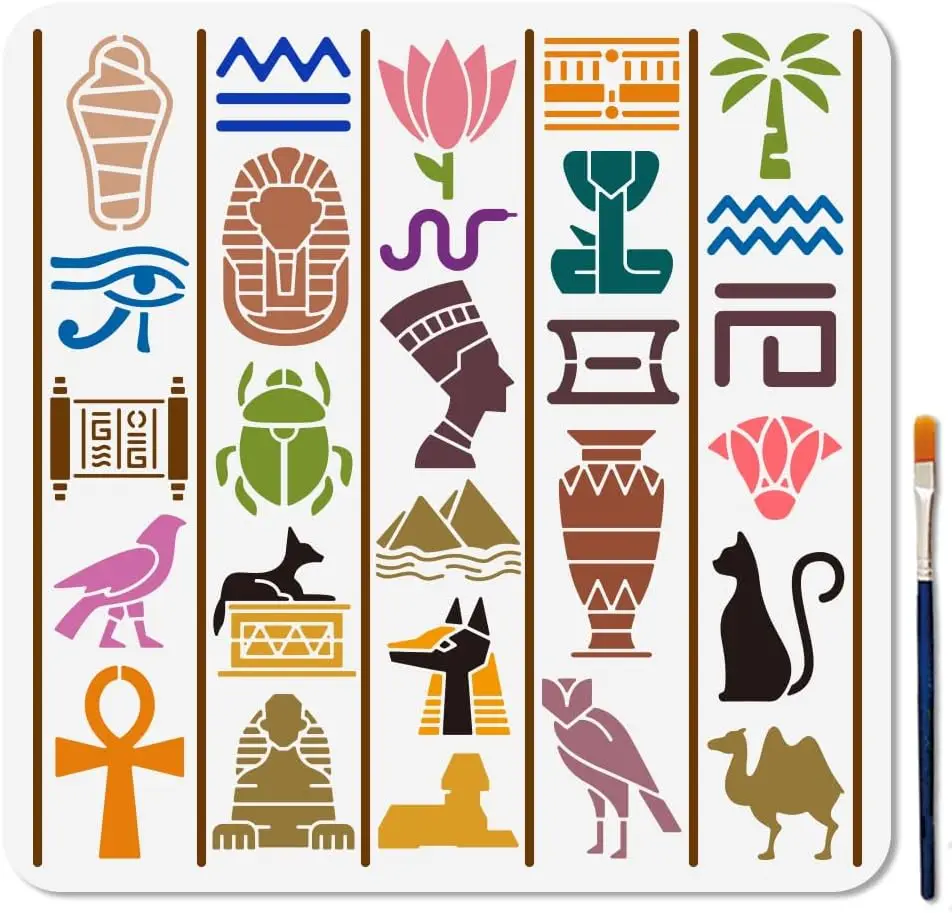 

Трафарет В Древнеегипетском Стиле, 11,8x11,8 Дюймов, Шаблон Для Рисования Пирамиды Фараона, Многоразовый