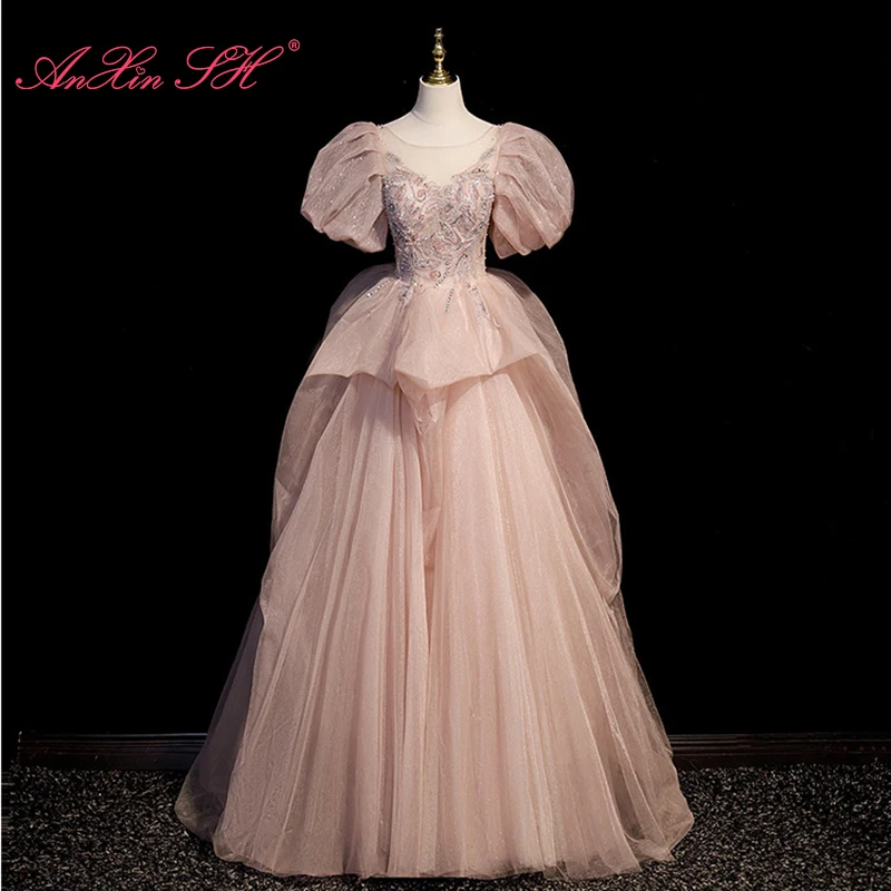 

Женское кружевное вечернее платье AnXin SH Queen, Розовое Бальное Платье во французском ретро-стиле с круглым вырезом, бусинами, кристаллами, пышными рукавами и оборками, вечернее платье для невесты