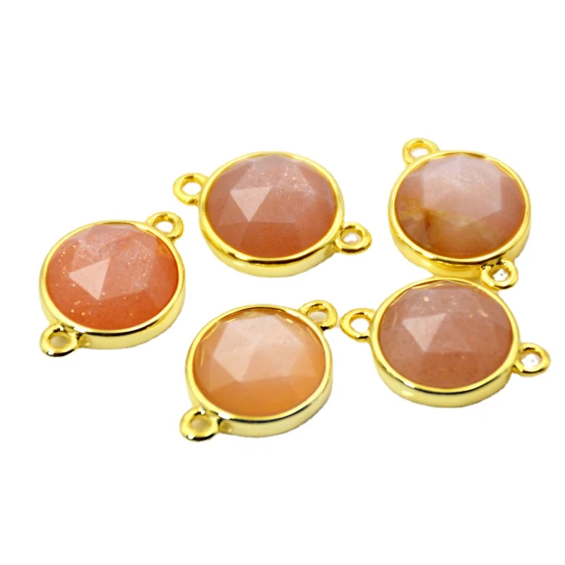 

Natural Sun Stone Connector Faceted Round Gemstone Charms Cute Tiny Jewelry Gold Bezel Setting Findings Double Bail Pendant