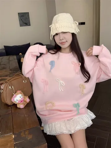 Sweatshirt Women Sweet Bow Autumn Winter Loose O Neck Lovely Girl Fashion Hoodies Long Sleeve Pullover Casual Streetwear