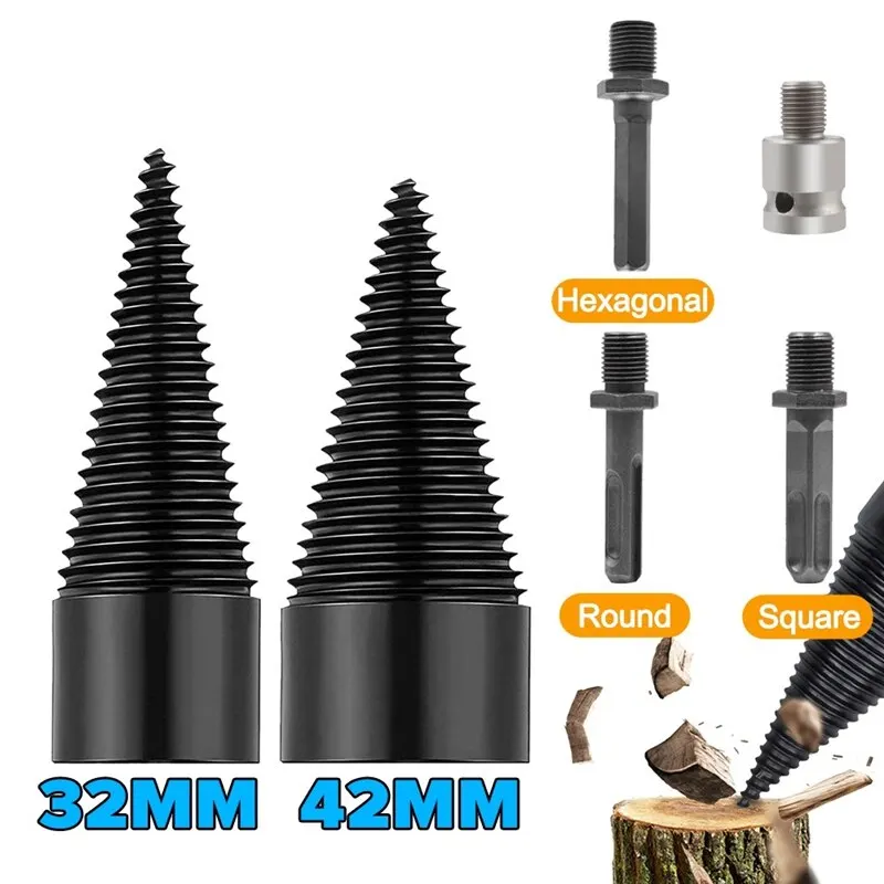 

32/42mm Firewood Splitter Machine Drill Bit Round/Hexagonal Shank Wood Splitting Cone Reamer Punch Driver Bits Woodworking Tools